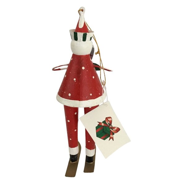 Handcrafted Tin Santa Skiing Ornament Red White Folk Art Lodge Christmas Decor - Picture 3 of 6